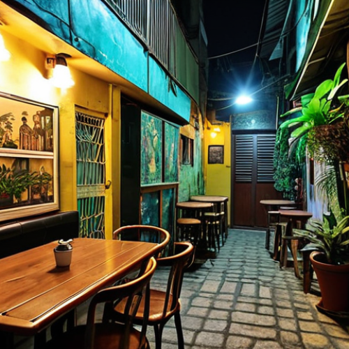 ** A cozy, hidden cafe tucked away in a narrow *lorong* (alleyway) in Kuala Lumpur. Dim lighting, vintage furniture, perhaps a mural on the wall. Focus on the intimate atmosphere and unique decor. Include some greenery, like potted plants.

**