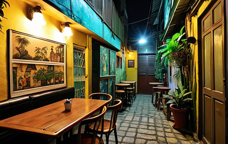 ** A cozy, hidden cafe tucked away in a narrow *lorong* (alleyway) in Kuala Lumpur. Dim lighting, vintage furniture, perhaps a mural on the wall. Focus on the intimate atmosphere and unique decor. Include some greenery, like potted plants.

**