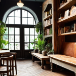 **A Hidden Cafe's Magical Interior:** The enchanting entrance of a seemingly ordinary cafe reveals a breathtaking interior. Inside, a unique blend of vintage and contemporary art decor creates a serene and inviting atmosphere. Dim, warm lighting casts soft shadows on towering bookshelves filled with old tomes, while lush live plants add a touch of greenery. Mismatched, artisanal furniture, made from rustic wood and sleek metal, is harmoniously arranged. The scene evokes a sense of peaceful escape and artistic wonder, with every corner telling a story. High detail, cozy ambiance, warm color palette.