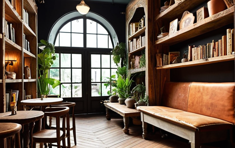 **A Hidden Cafe's Magical Interior:** The enchanting entrance of a seemingly ordinary cafe reveals a breathtaking interior. Inside, a unique blend of vintage and contemporary art decor creates a serene and inviting atmosphere. Dim, warm lighting casts soft shadows on towering bookshelves filled with old tomes, while lush live plants add a touch of greenery. Mismatched, artisanal furniture, made from rustic wood and sleek metal, is harmoniously arranged. The scene evokes a sense of peaceful escape and artistic wonder, with every corner telling a story. High detail, cozy ambiance, warm color palette.