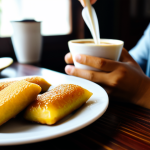 A person (gender neutral) enjoying a classic Malaysian breakfast. On a traditional wooden table, a steaming cup of Kopi O sits beside a small plate of perfectly golden, sugar-glazed Kuih Keria. The setting is a cozy, brightly lit Malaysian kopitiam, with subtle background blur showing other patrons in comfortable, modest clothing. The focus is on the delicious food and drink, creating a warm, inviting atmosphere. The person's hand is visible reaching for a kuih, with well-formed hands and proper finger count. perfect anatomy, correct proportions, natural pose, safe for work, appropriate content, fully clothed, family-friendly, professional photography, high quality.