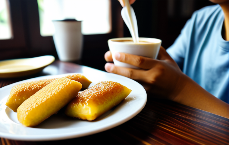 A person (gender neutral) enjoying a classic Malaysian breakfast. On a traditional wooden table, a steaming cup of Kopi O sits beside a small plate of perfectly golden, sugar-glazed Kuih Keria. The setting is a cozy, brightly lit Malaysian kopitiam, with subtle background blur showing other patrons in comfortable, modest clothing. The focus is on the delicious food and drink, creating a warm, inviting atmosphere. The person's hand is visible reaching for a kuih, with well-formed hands and proper finger count. perfect anatomy, correct proportions, natural pose, safe for work, appropriate content, fully clothed, family-friendly, professional photography, high quality.