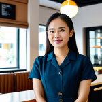 A confident Malaysian businesswoman in modest, professional business attire, standing within a modern, aesthetically pleasing unique cafe franchise. She is observing the cafe operations with a focused and positive expression. The cafe features warm, inviting lighting, contemporary interior design, and subtle elements reflecting its unique concept. Professional photography, high quality, safe for work, appropriate content, fully clothed, professional dress, perfect anatomy, correct proportions, natural pose, well-formed hands, proper finger count, natural body proportions.