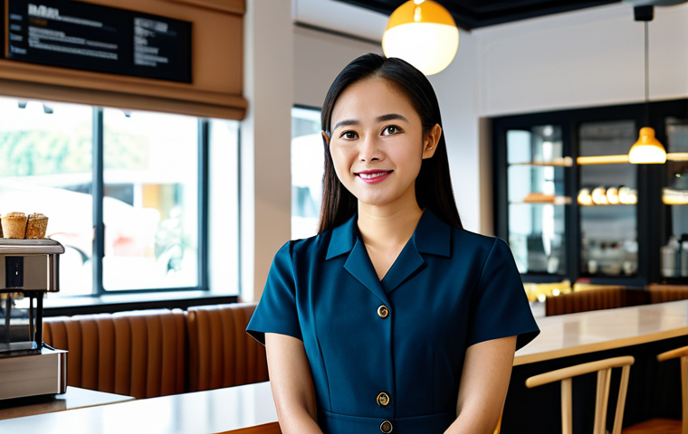 A confident Malaysian businesswoman in modest, professional business attire, standing within a modern, aesthetically pleasing unique cafe franchise. She is observing the cafe operations with a focused and positive expression. The cafe features warm, inviting lighting, contemporary interior design, and subtle elements reflecting its unique concept. Professional photography, high quality, safe for work, appropriate content, fully clothed, professional dress, perfect anatomy, correct proportions, natural pose, well-formed hands, proper finger count, natural body proportions.